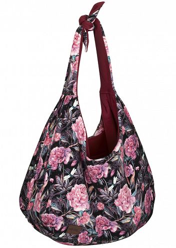 Pojemna duża dwustronna torba worek bordo - różowe kwiaty